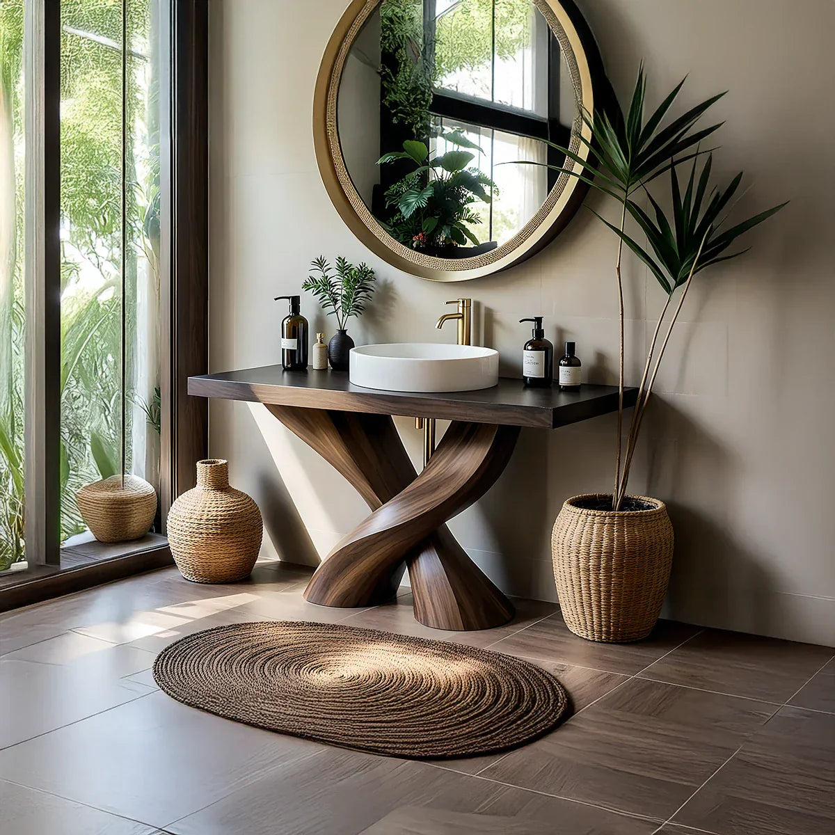 Sculptural Solid Wood Bathroom Vanity with Twisted Base