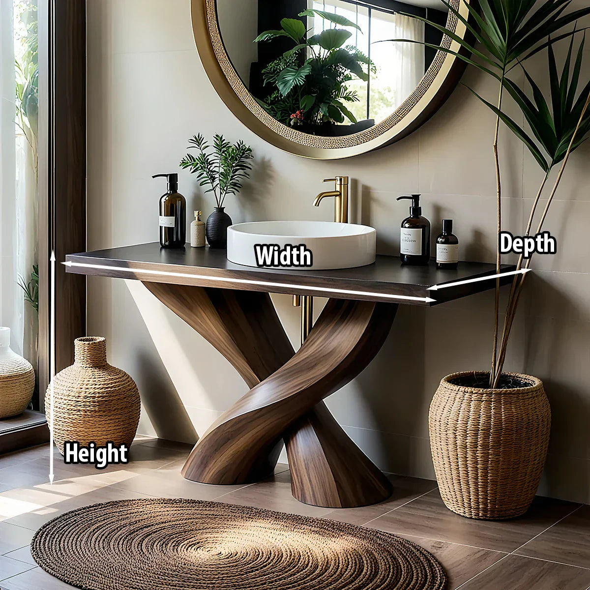 Sculptural Solid Wood Bathroom Vanity with Twisted Base