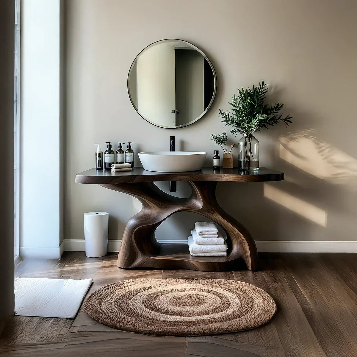Sculptural Solid Wood Bathroom Vanity