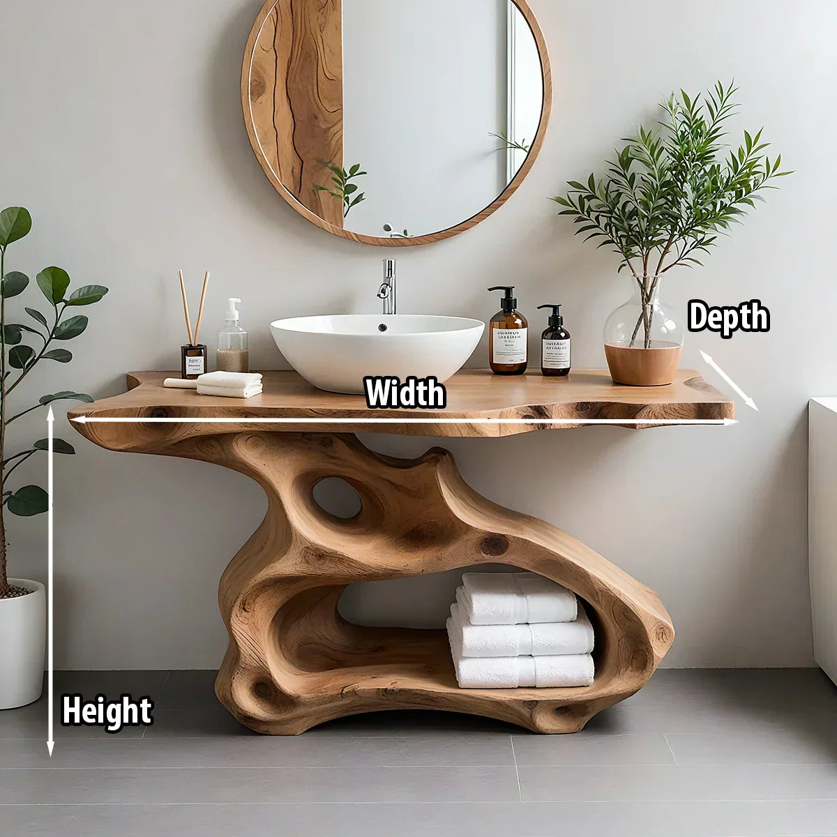 Sculptural Solid Wood Bathroom Vanity with Organic Open Storage