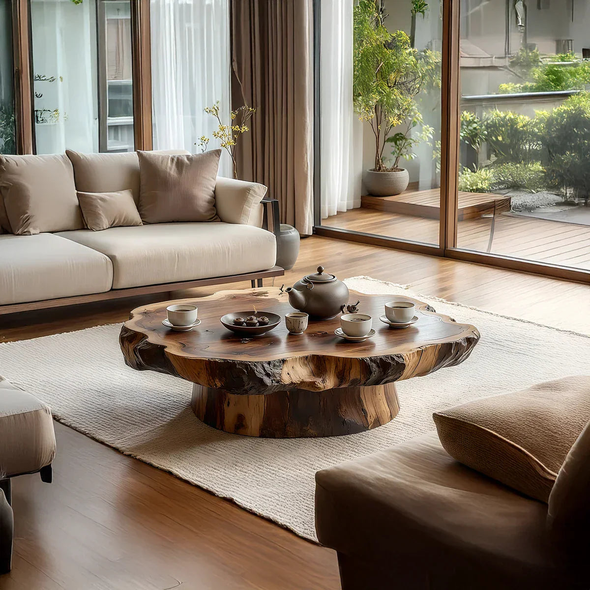 Round Solid-Wood Coffee Table with Organic Live Edge for Living Rooms