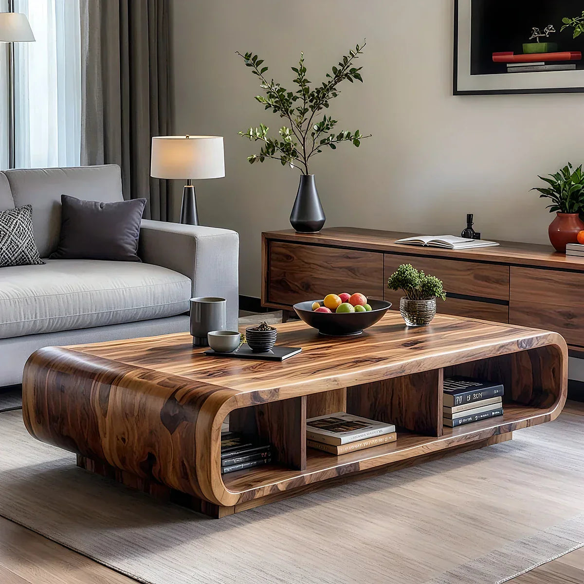 Solid Wood Coffee Table with Curved Storage for Modern Living Rooms