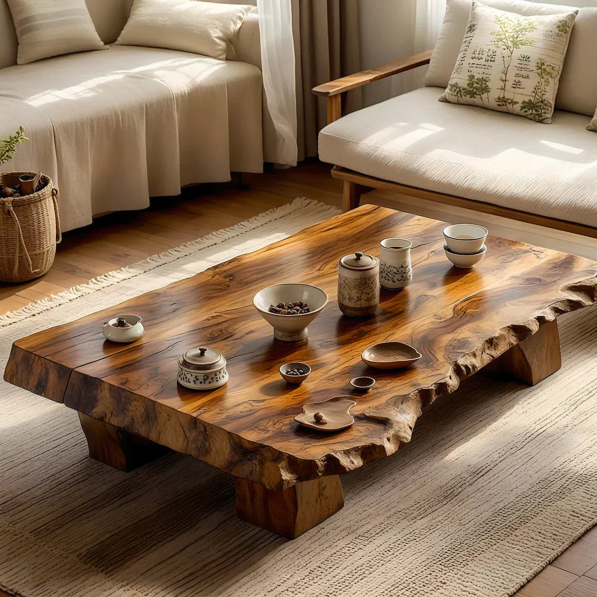 Low Solid-Wood Coffee Table with Textured Edge for Tea Lounges