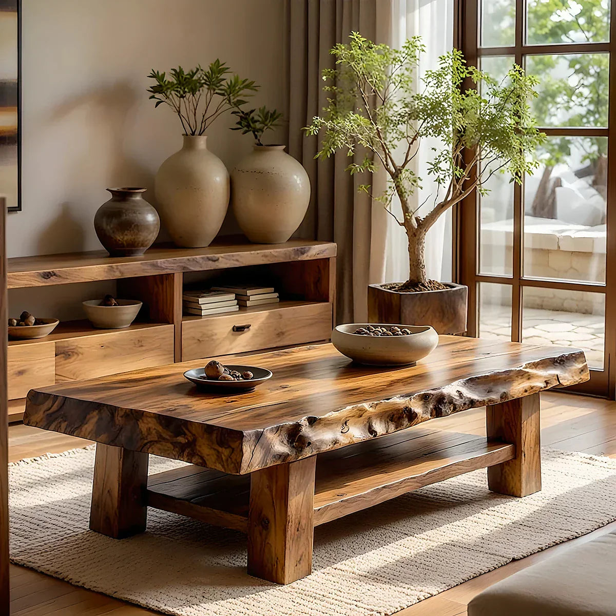 Live-Edge Solid Wood Coffee Table with Lower Shelf
