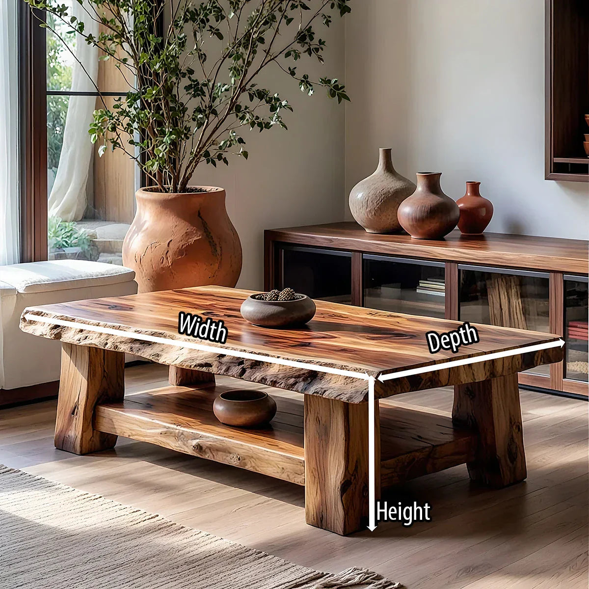 Solid Wood Coffee Table with Live Edge Top and Shelf for Living Room