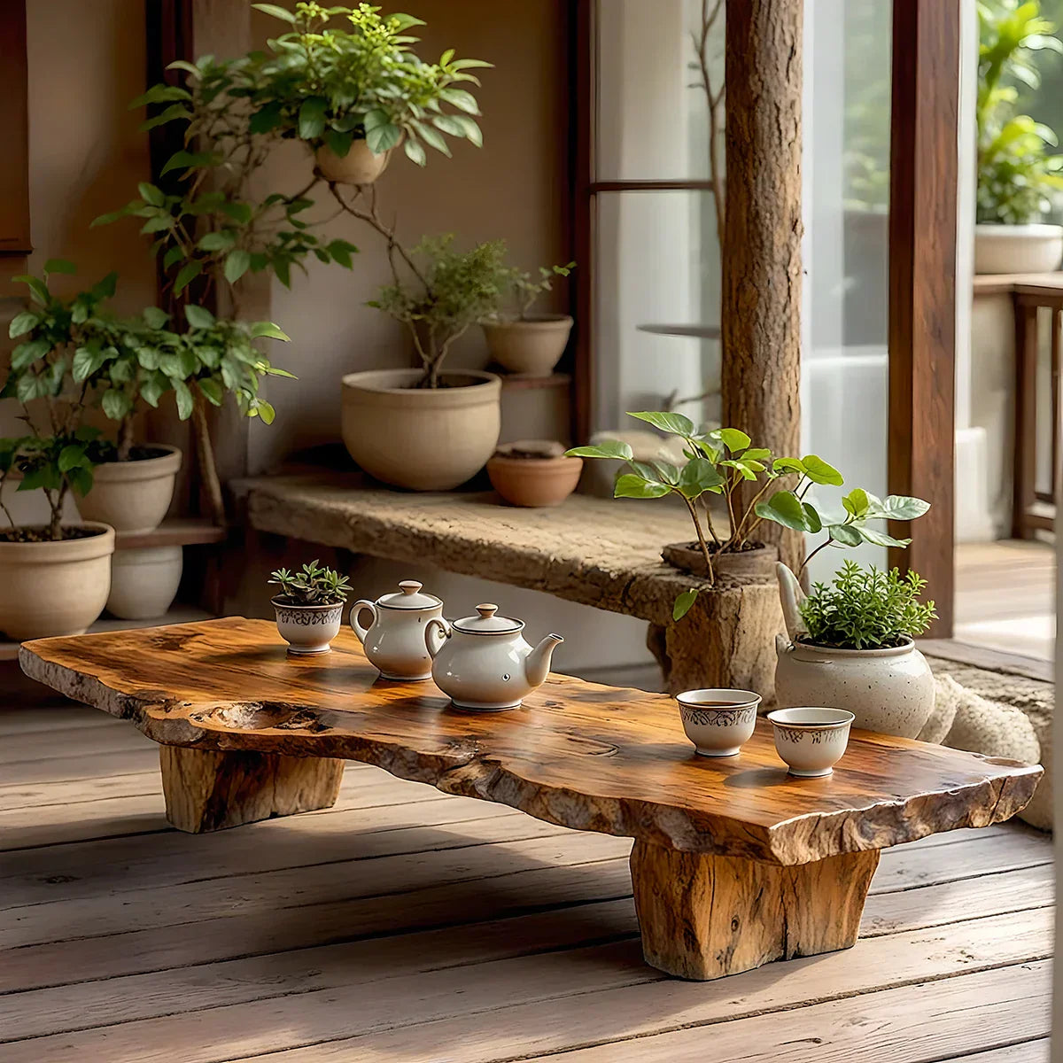 Natural Live Edge Solid Wood Tea Table for Covered Patio