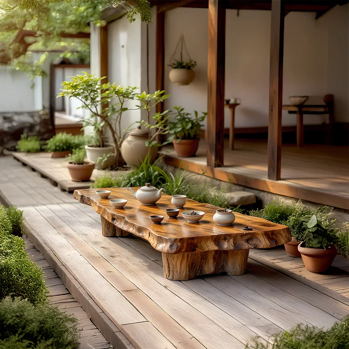 Live Edge Solid Wood Tea Table for Garden Terrace