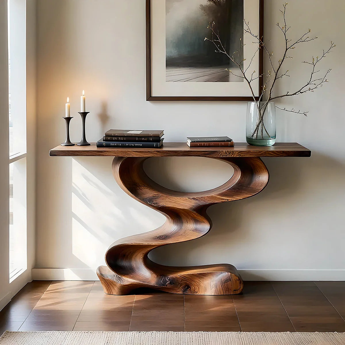 Organic Curved Solid Wood Console Table with Sculptural Z Base