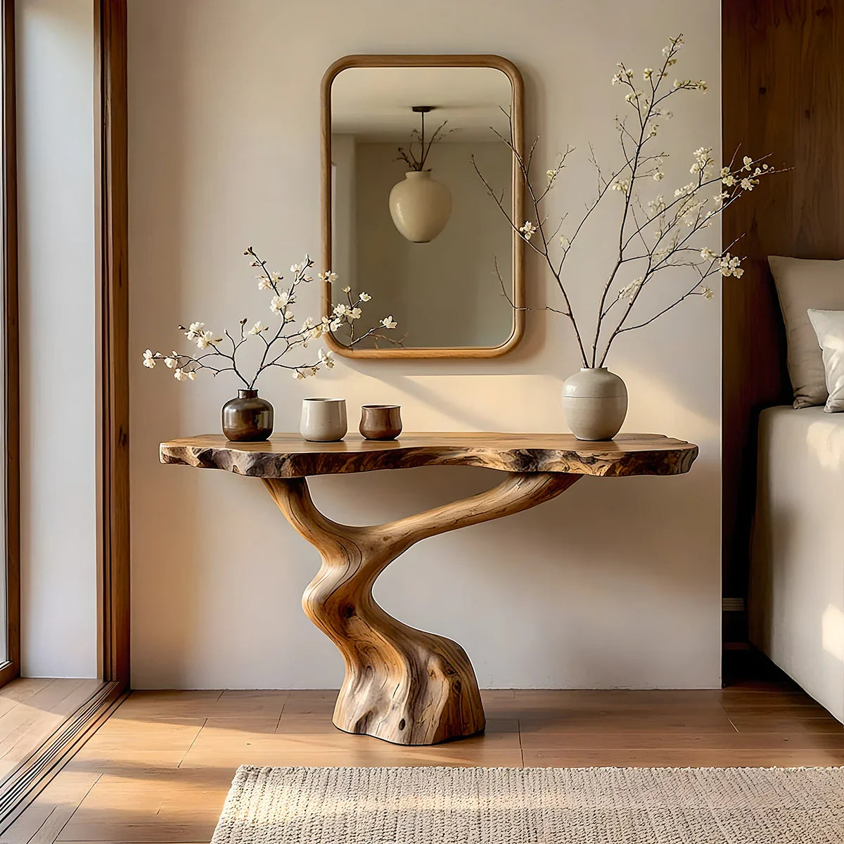 Live Edge Solid Wood Console Table with Sculptural Twisted Base