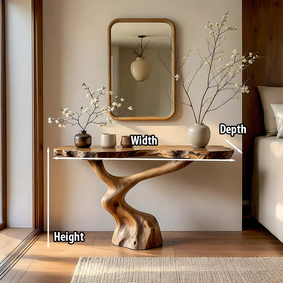 Live Edge Solid Wood Console Table with Sculptural Twisted Base