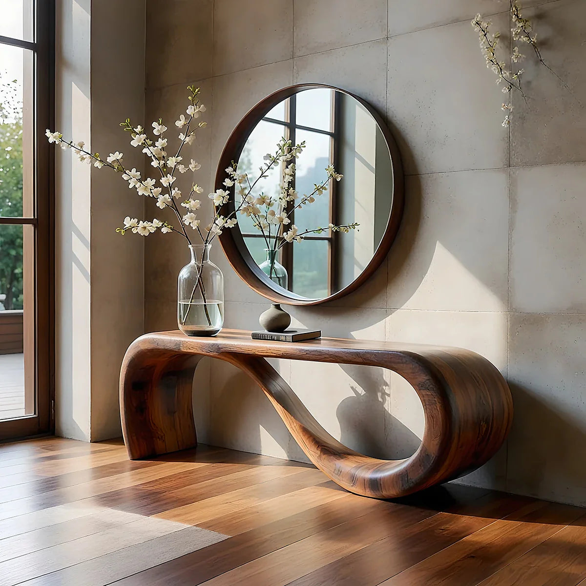 Organic Loop Solid Wood Console Table with Sculptural Curved Base