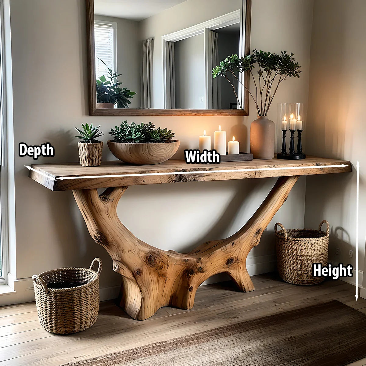 Rustic Live Edge Solid Wood Console Table with Natural Branch Base