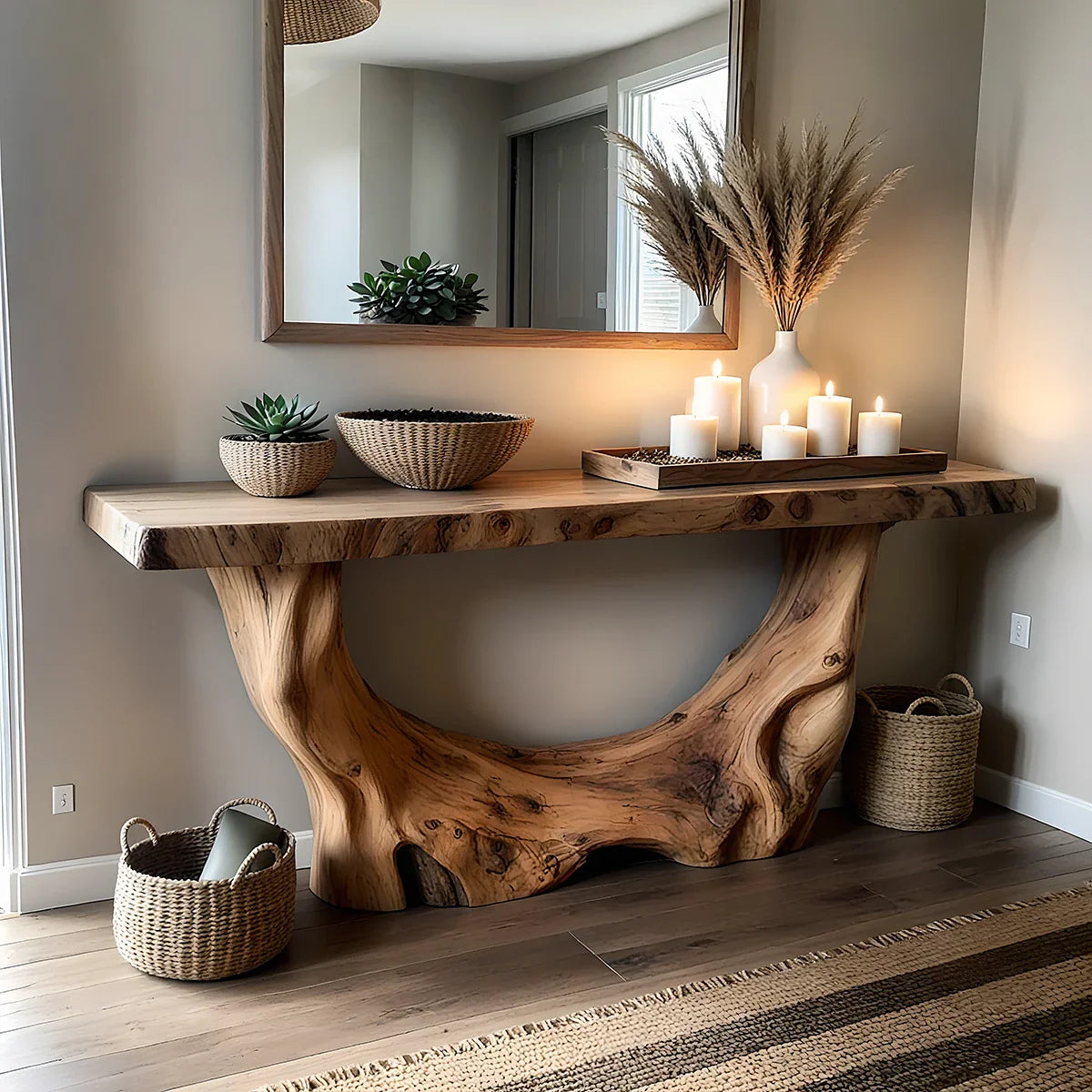 Organic Sculptural Live Edge Wood Console Table with Solid Driftwood Base