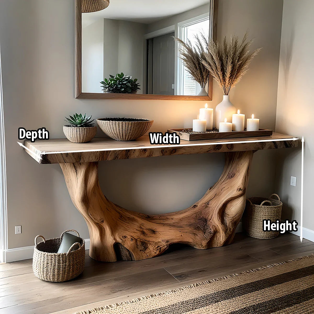 Organic Sculptural Live Edge Wood Console Table with Solid Driftwood Base