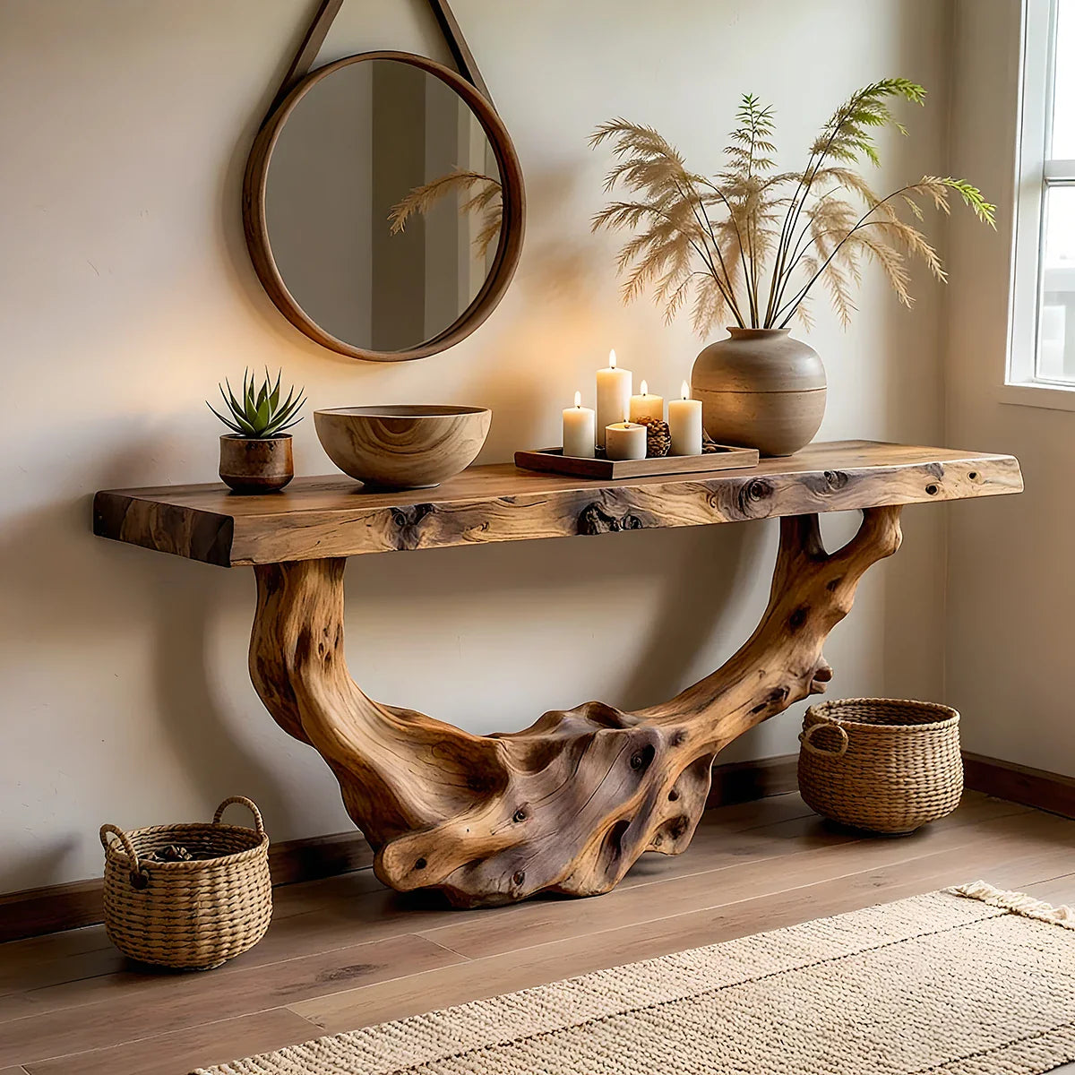 Handcrafted Live Edge Wood Console Table with Sculptural Root Base