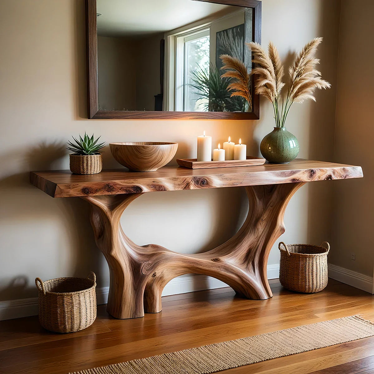 Modern Organic Live Edge Console Table with Sculpted Solid Wood Base