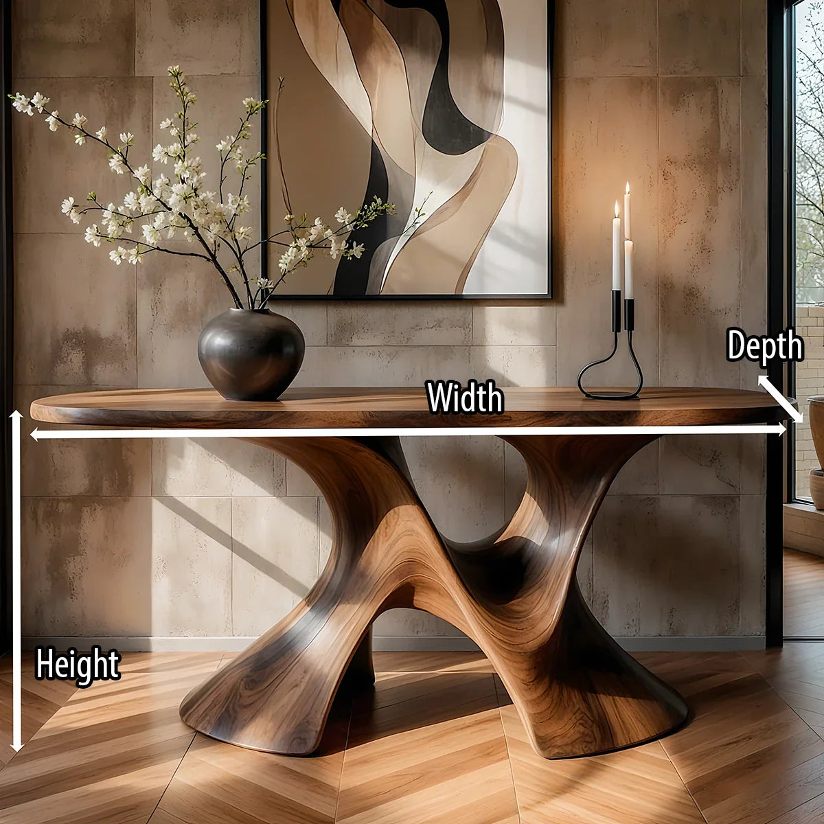 Luxury Sculptural Solid Wood Console Table with Artistic Double Pedestal Base