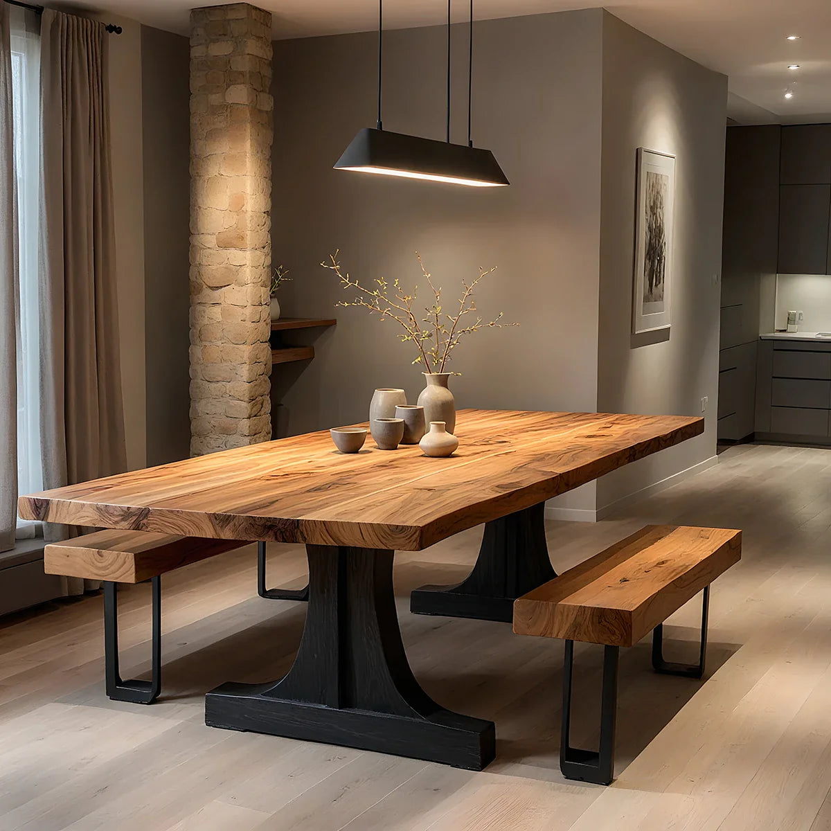 Live Edge Solid Wood Dining Table with Pedestal Base for Modern Home