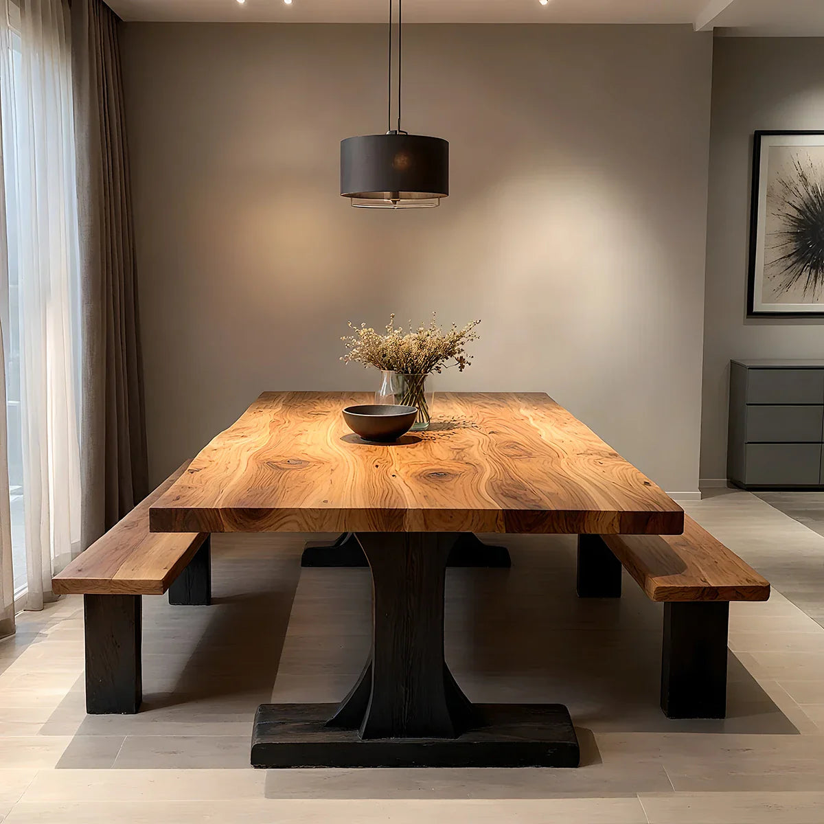 Live Edge Solid Wood Dining Table with Monolithic Pedestal for Modern Home