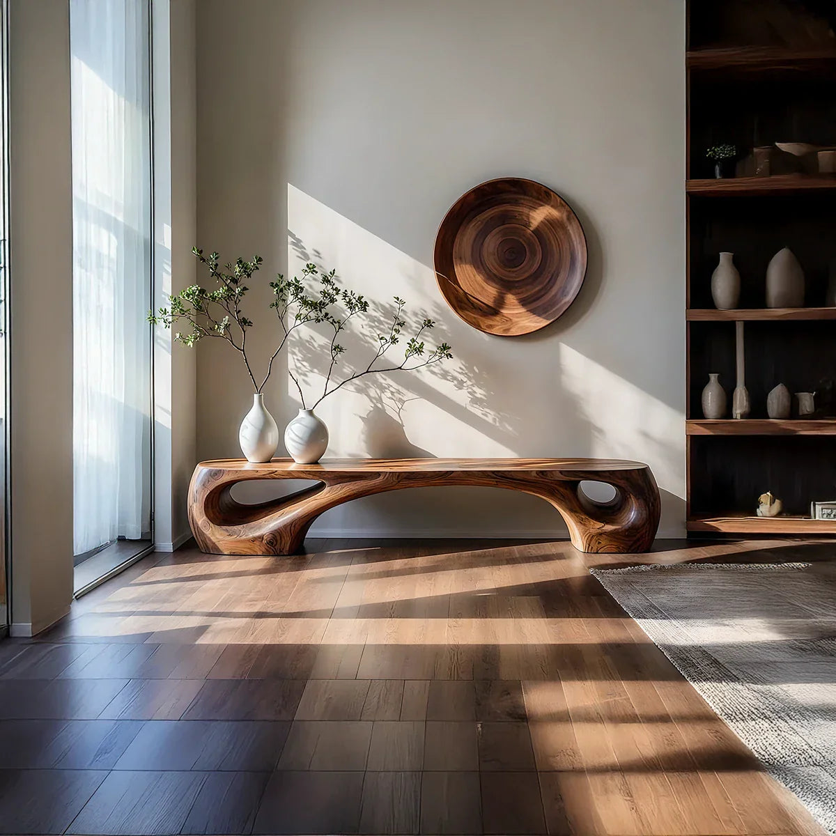 Sculptural Solid Wood Bench with Twin Cutouts for Modern Living Room