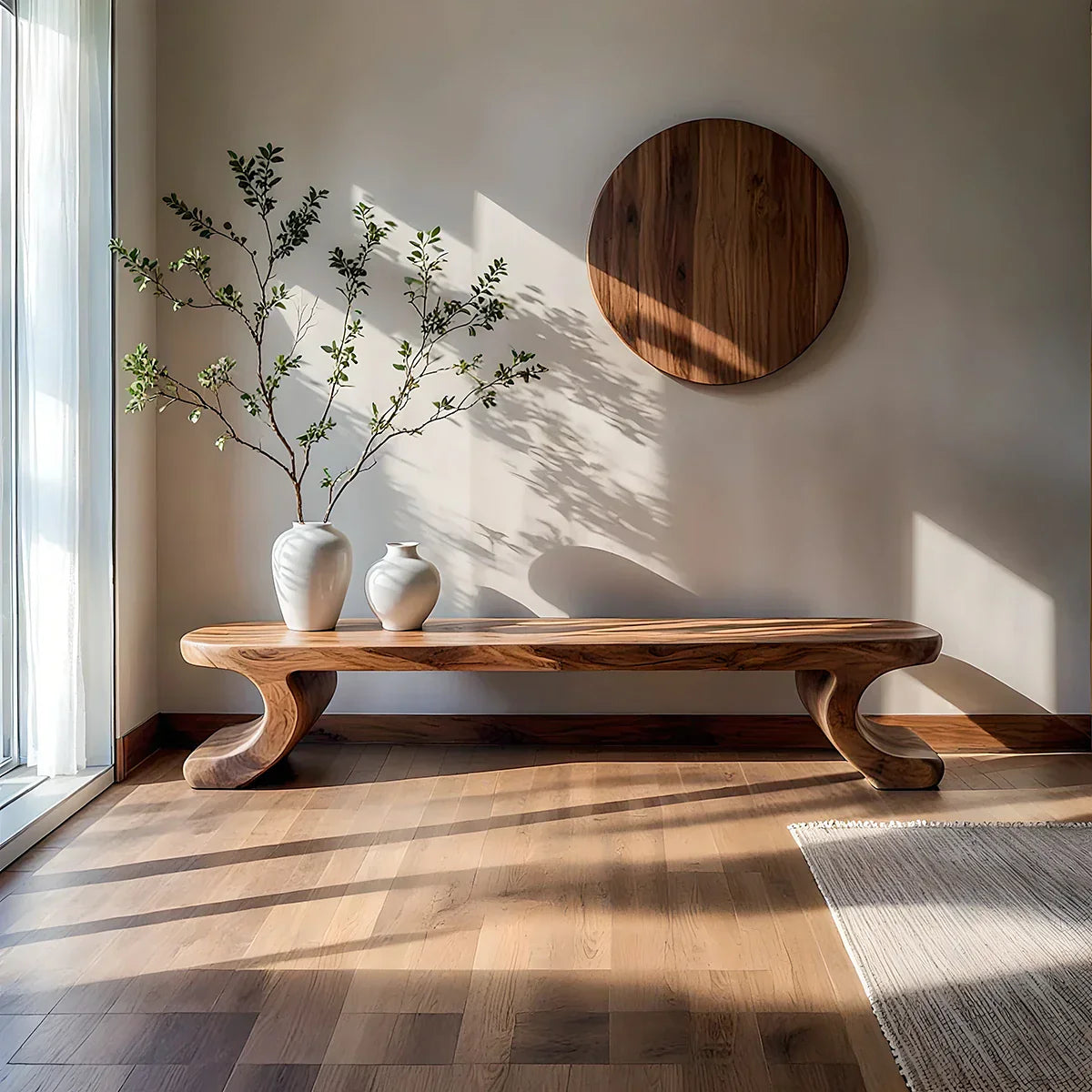 Solid Wood Low Bench with Curved Feet for Japandi Living Room