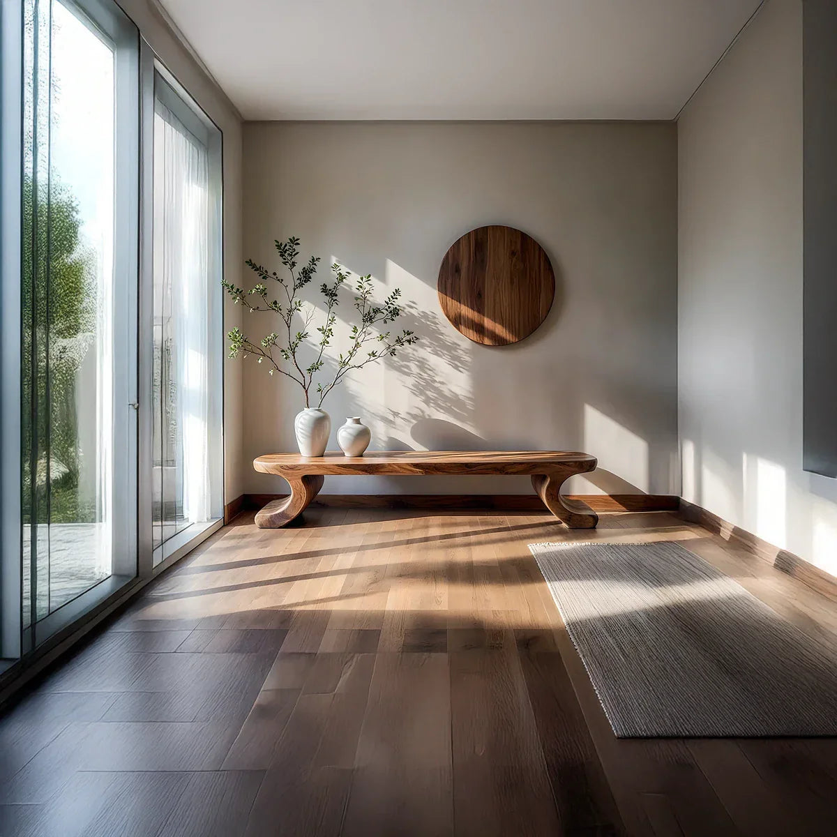 Solid Wood Low Bench with Curved Feet for Japandi Living Room