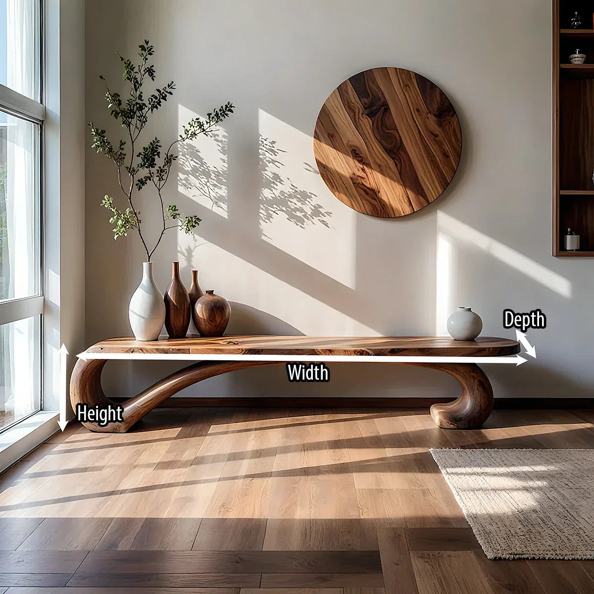 Organic Solid Wood Console Bench with S-Curve Base for Modern Home