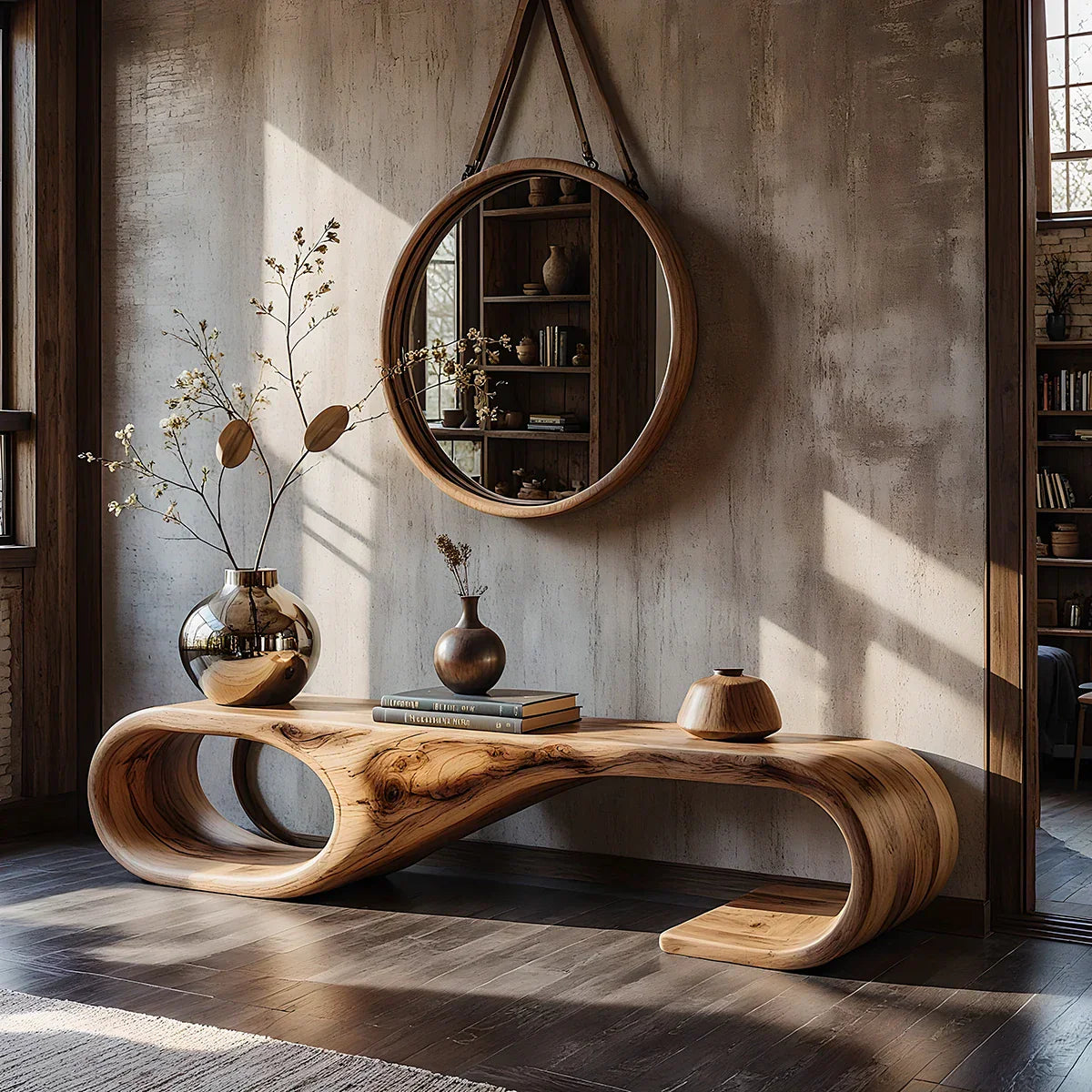 Sculptural Solid Wood Bench with Oval Loop End for Modern Entryway