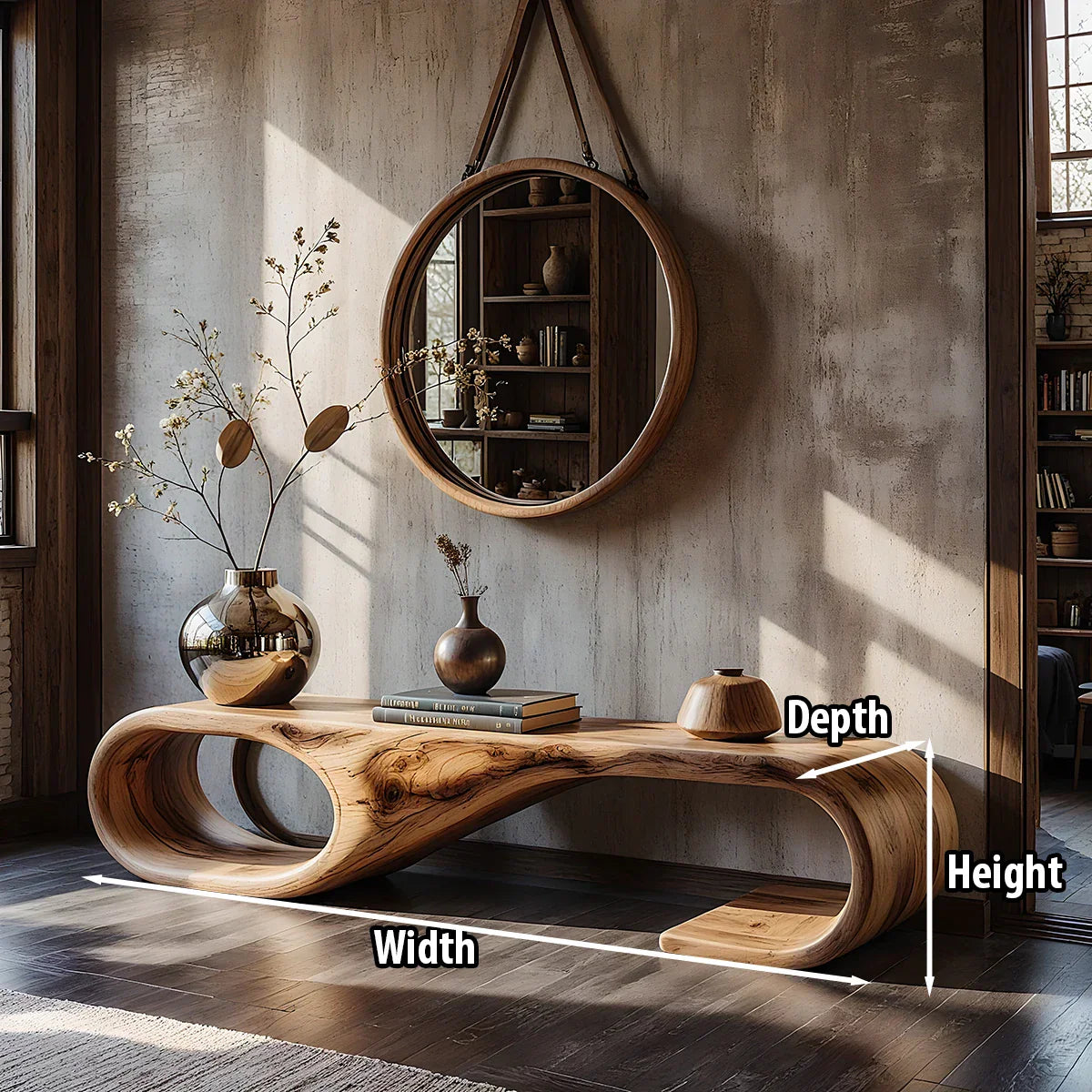 Sculptural Solid Wood Bench with Oval Loop End for Modern Entryway