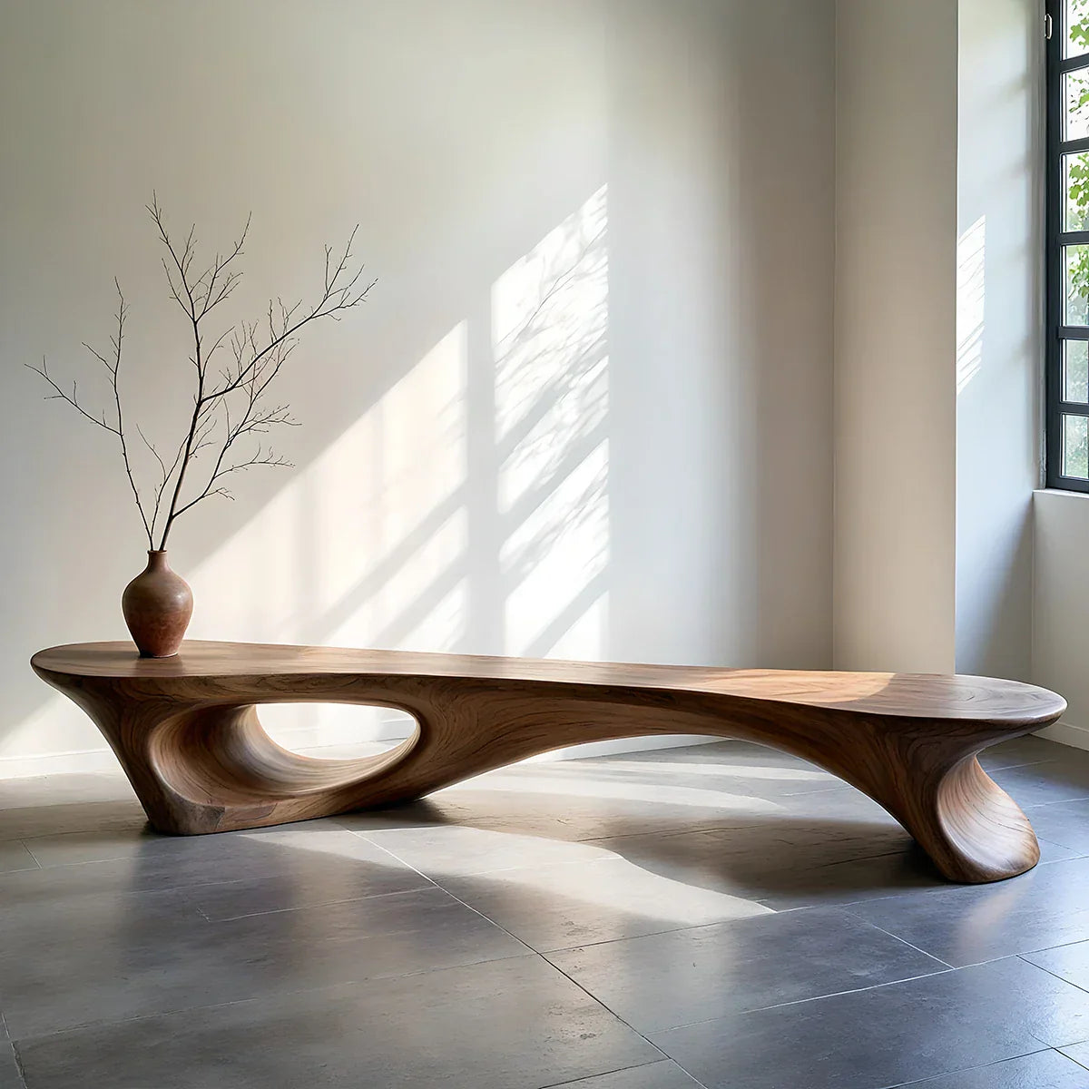Sculpted Solid Wood Bench with Hollow Cutout for Modern Interior