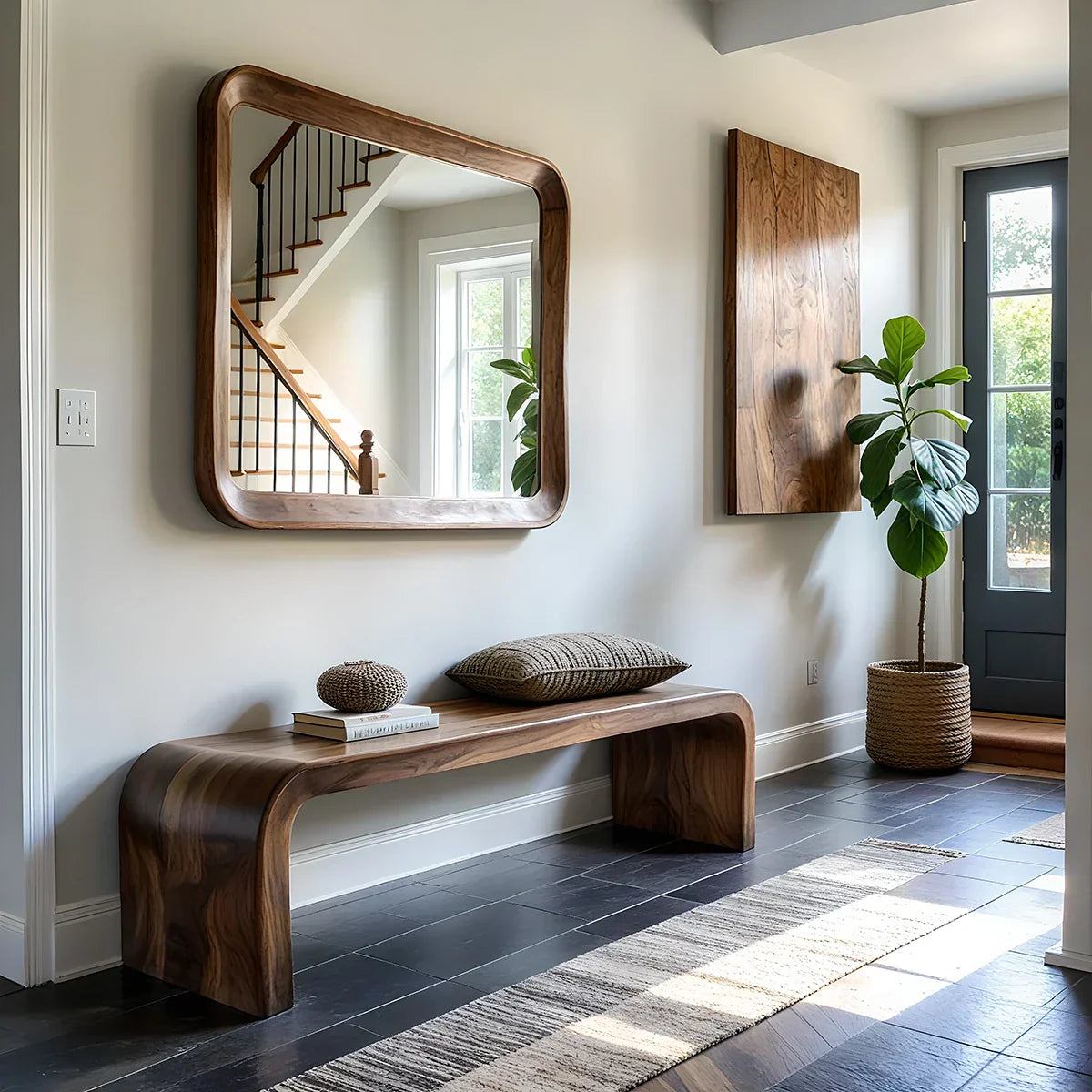 Curved Solid Wood Bench with Waterfall Ends for Modern Entryway