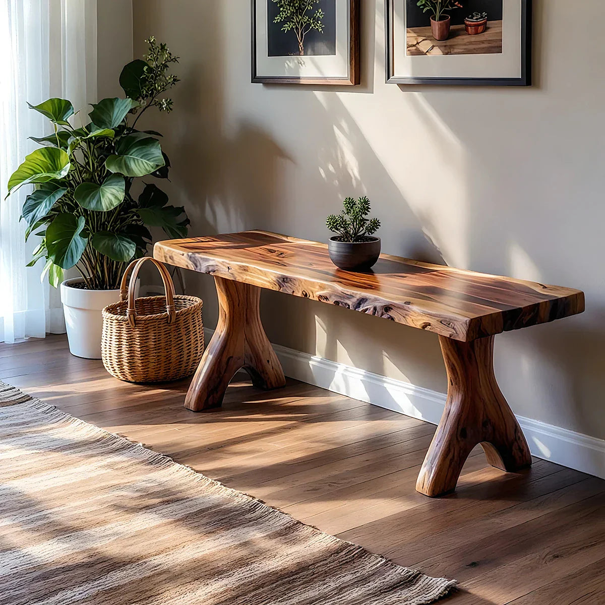 Live Edge Solid Wood Bench with Sculpted Legs for Modern Entryway