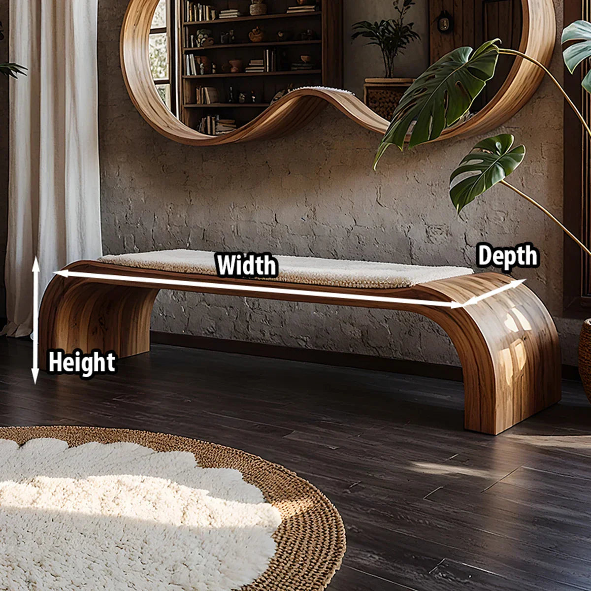 Curved Solid Wood Bench with Sculptural Profile for Modern Entryway