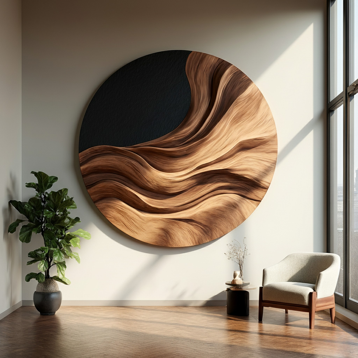 Contemporary Flowing Solid Wood Wall Sculpture for Modern Interiors