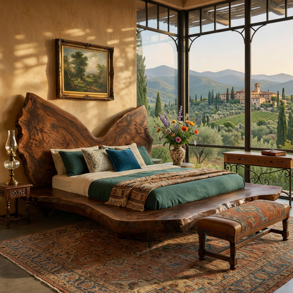 Sculptural Solid Wood Platform Bed with Natural Edge Headboard Form
