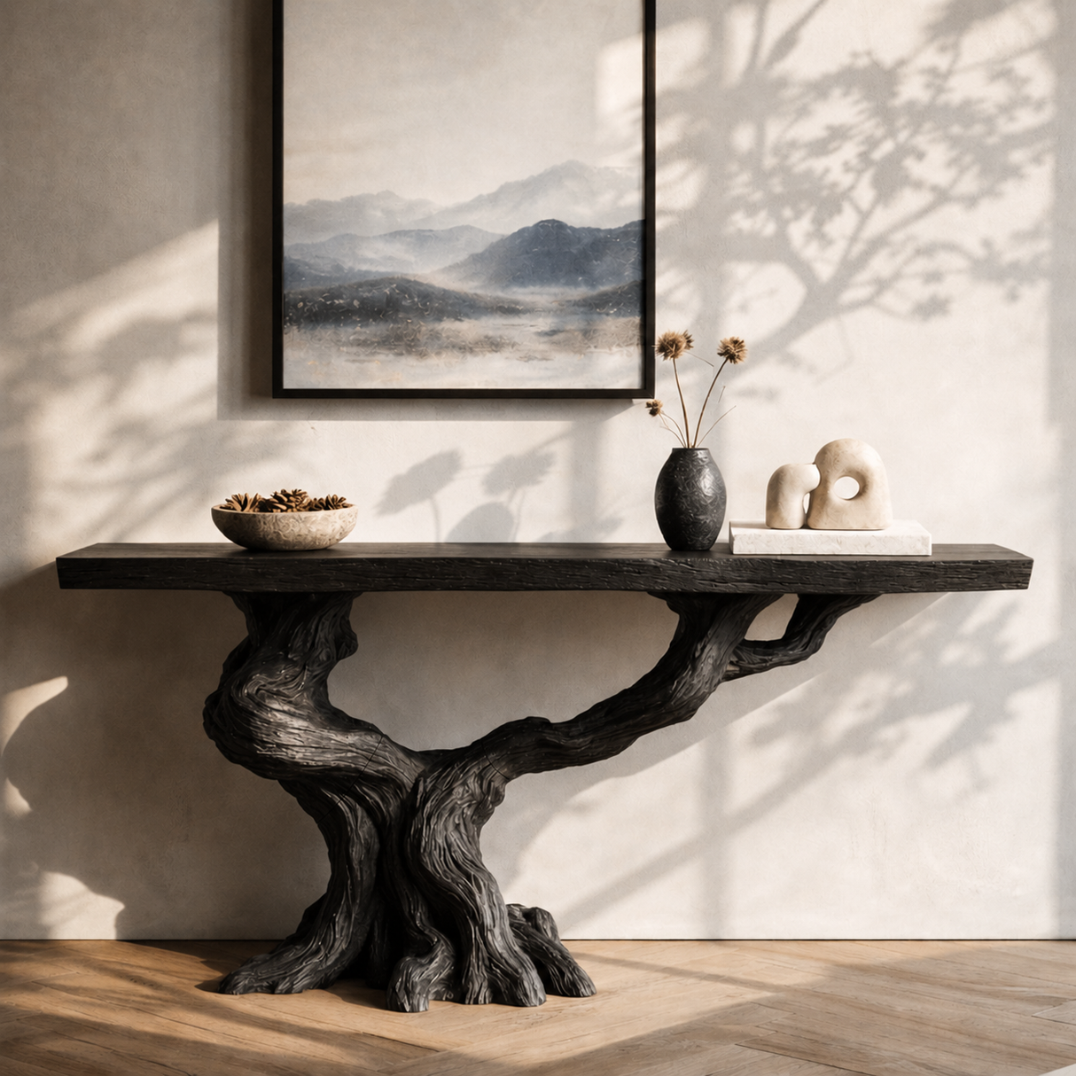 Solid Wood Console Table with Extended Branch Base for Entryway Decor