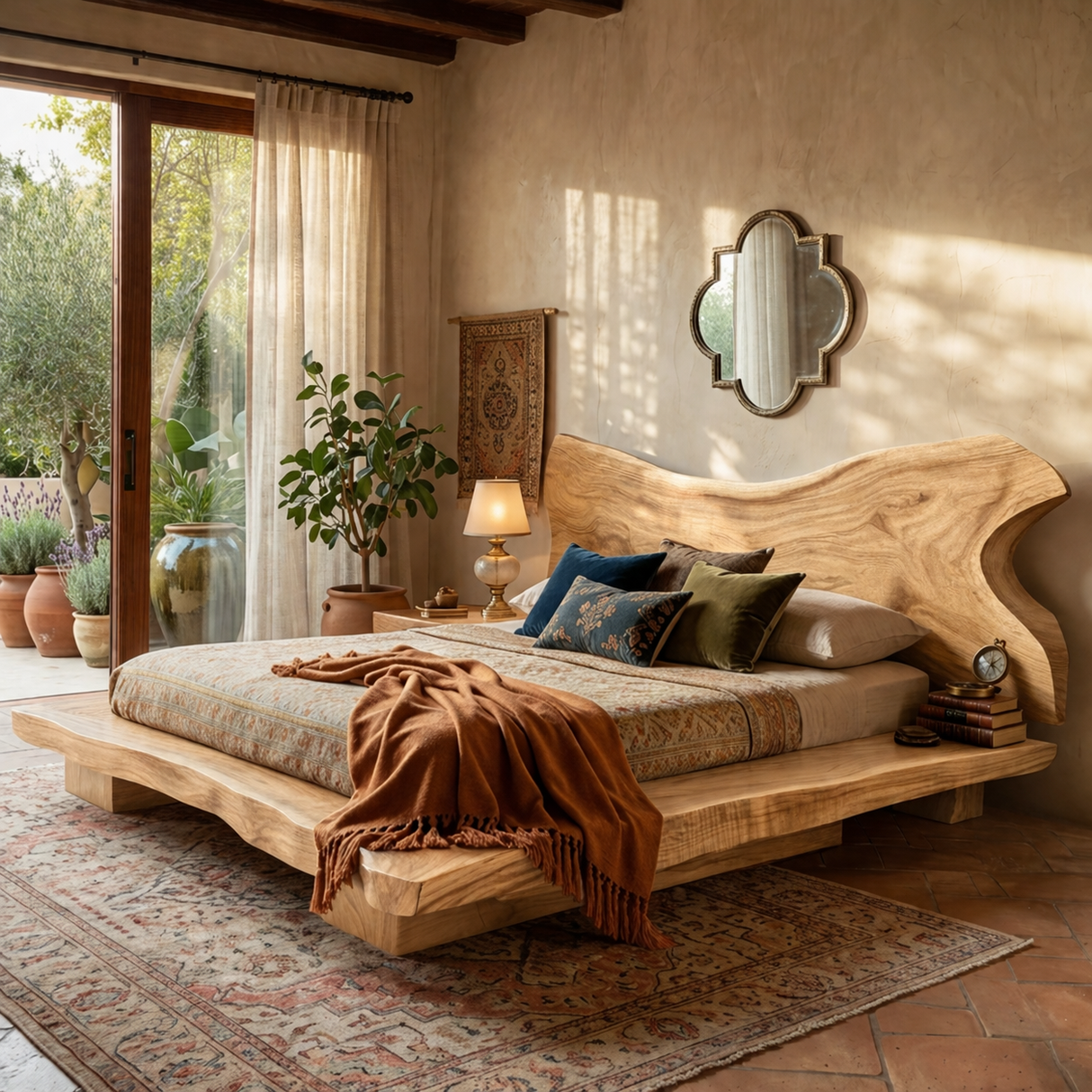 Solid Wood Sculptural Bed with Freeform Live Edge Headboard and Platform Base