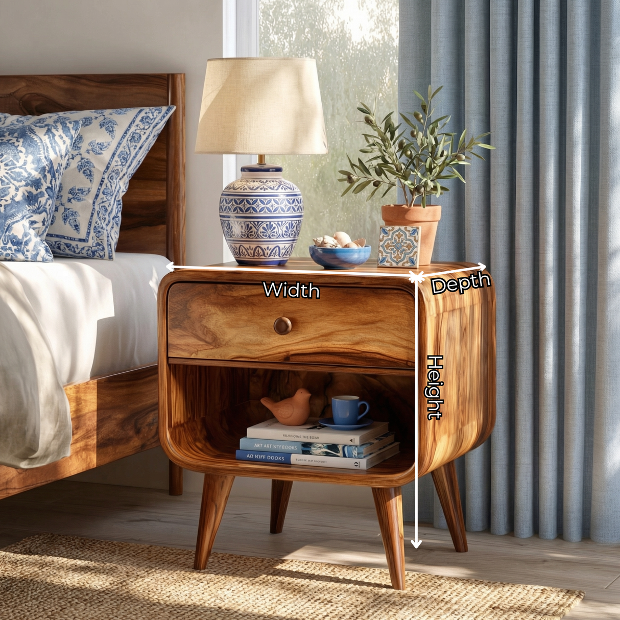 Solid Wood Bedside Cabinet with Upper Drawer Open Lower Shelf and Rounded Profile