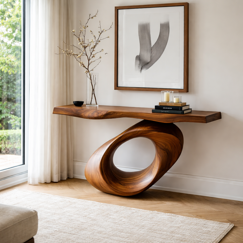 Sculptural Solid Wood Console Table with Hollow Oval Base