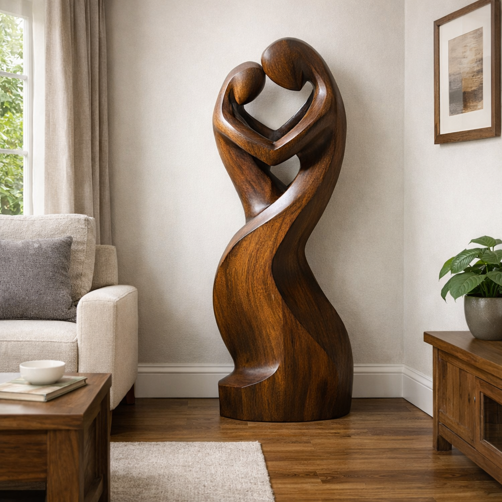 Large Solid Wood Abstract Embracing Figures Sculpture for Modern Interiors