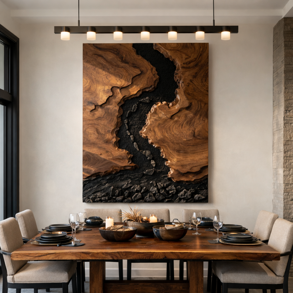 Large Solid Wood River Landscape Wall Sculpture for Modern Living Rooms