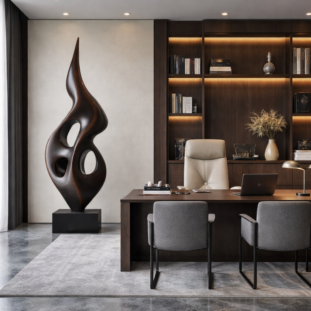 Tall Openwork Solid Wood Flame Sculpture with Plinth for Modern Living Rooms