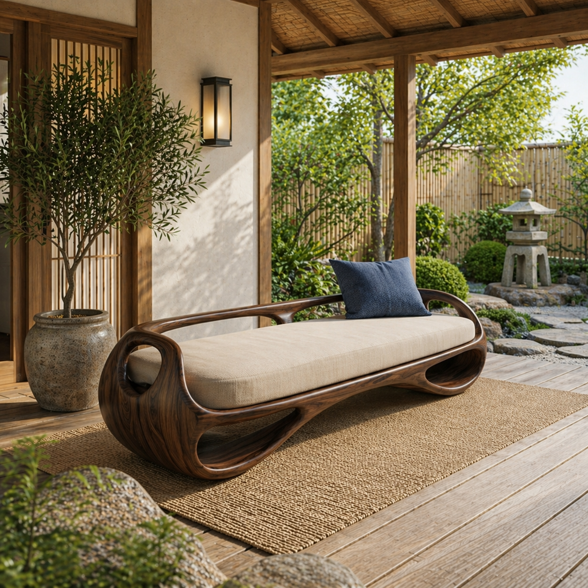 Organic Solid Wood Bench with Open Sculptural Frame for Bedroom