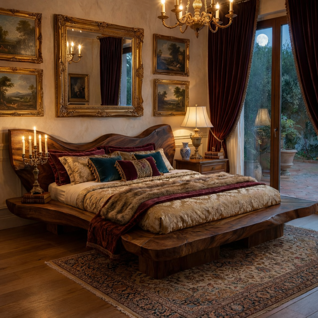 Organic Solid Wood Platform Bed with Flowing Natural Contour Headboard
