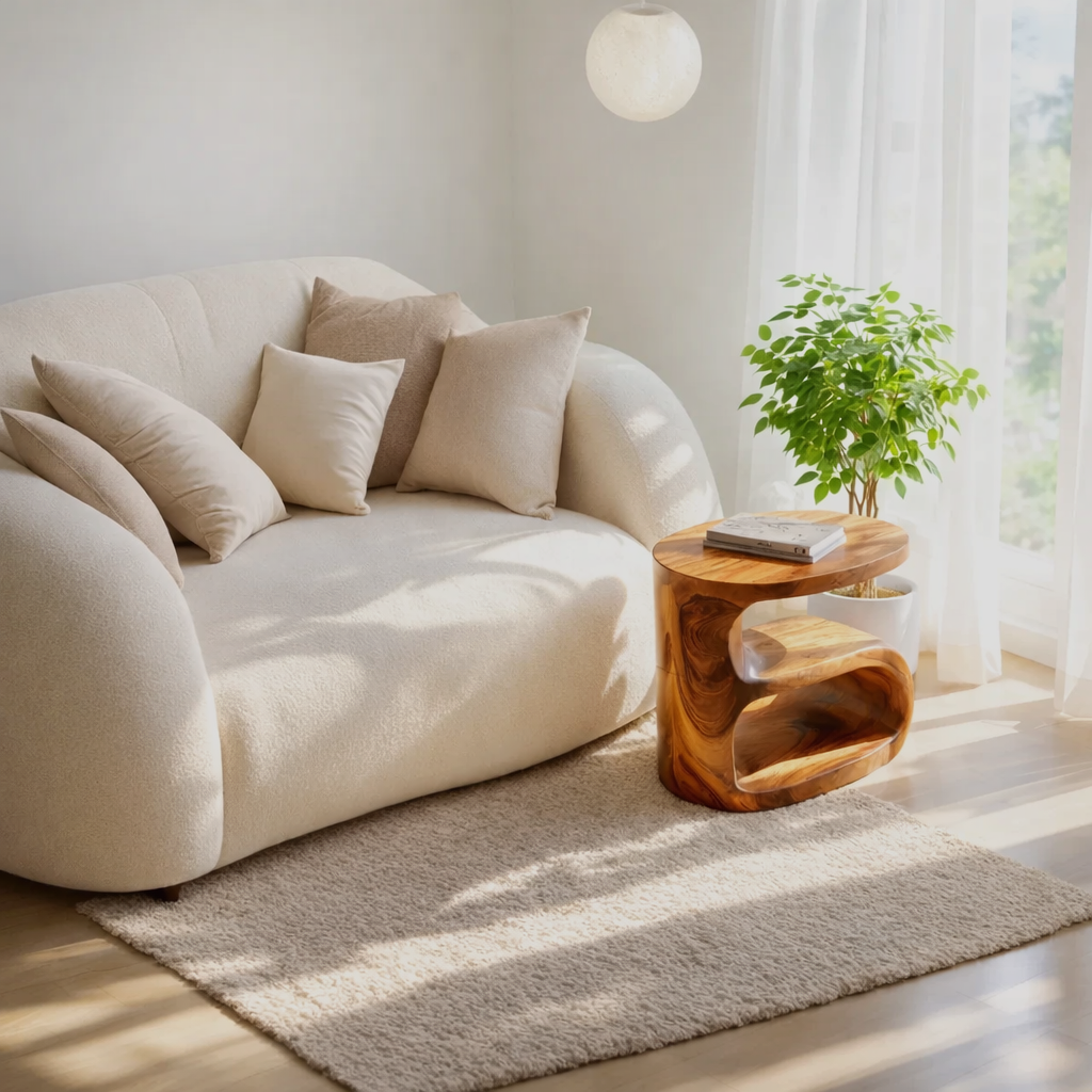 Solid Wood Sculptural Side Table for Sofa and Reading Corner