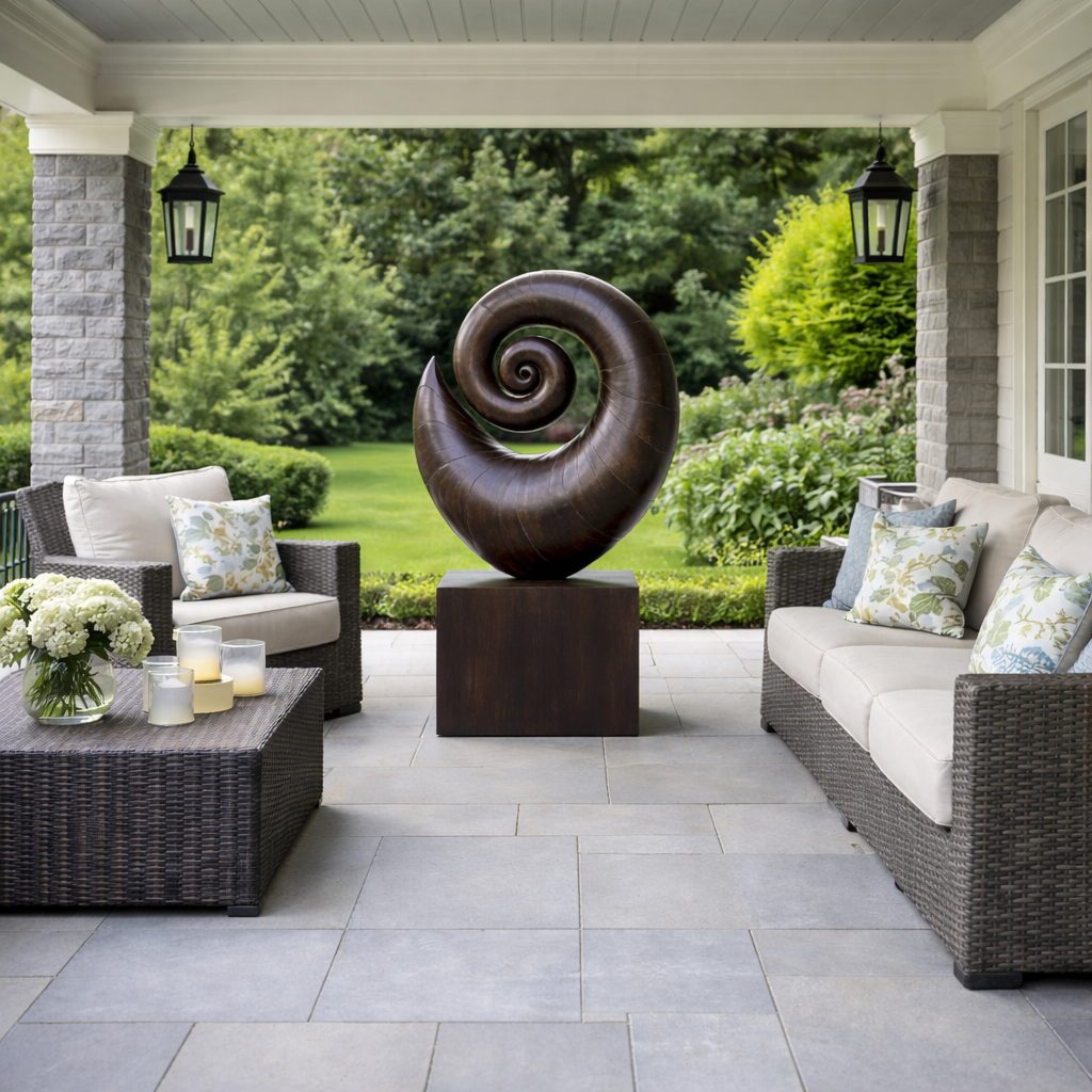 Solid Wood Spiral Shell Sculpture with Plinth for Gardens and Modern Landscapes