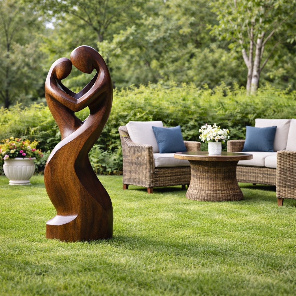 Large Solid Wood Abstract Embracing Figures Sculpture for Modern Interiors