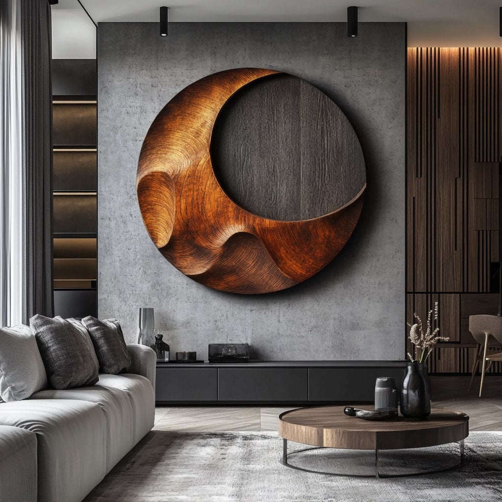 Organic Round Solid Wood Wall Sculpture for Modern Interiors