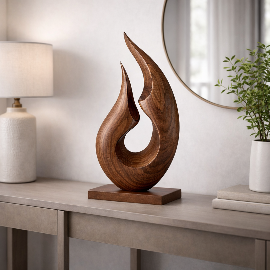 Abstract Flame Wood Sculpture Modern Handmade Tabletop Art Decor