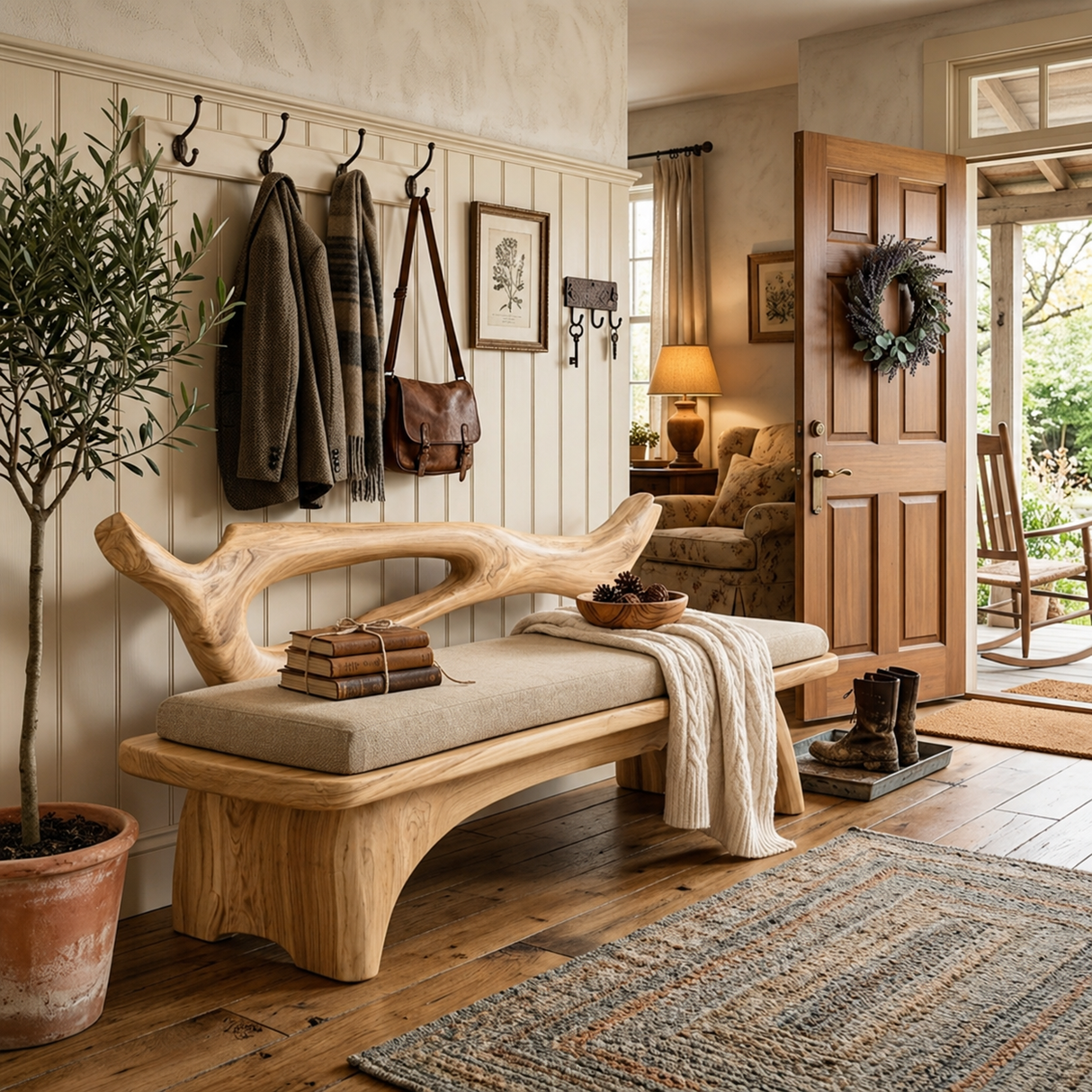 Sculptural Solid Wood Bench with Open Backrest for Entryway and Living Space
